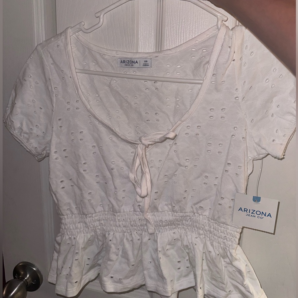 White Crop Top Ruffled Cinched Eyelet Top - Arizona Jeans Company